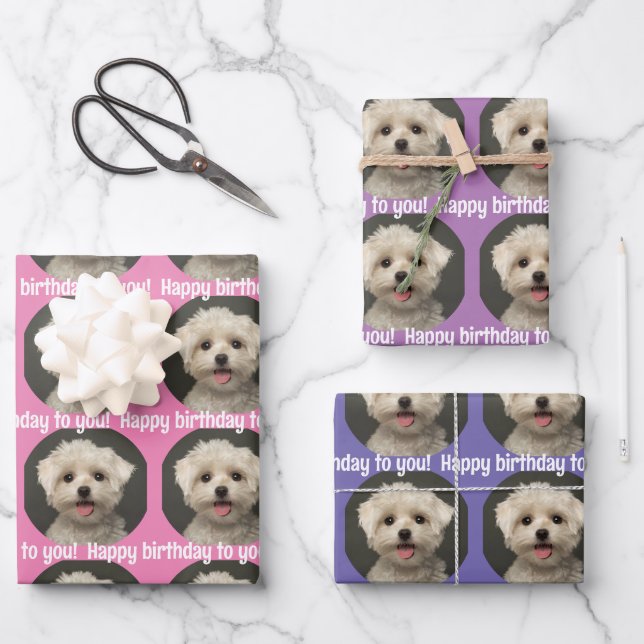 Cute Pet Photo Pink Purple Lavender Birthday Wrapping Paper Sheet (Front)