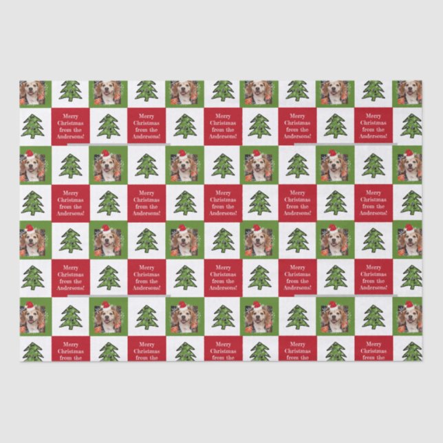 Cute Pet Photo Red Green Christmas Tree Your Name Tissue Paper (Front)