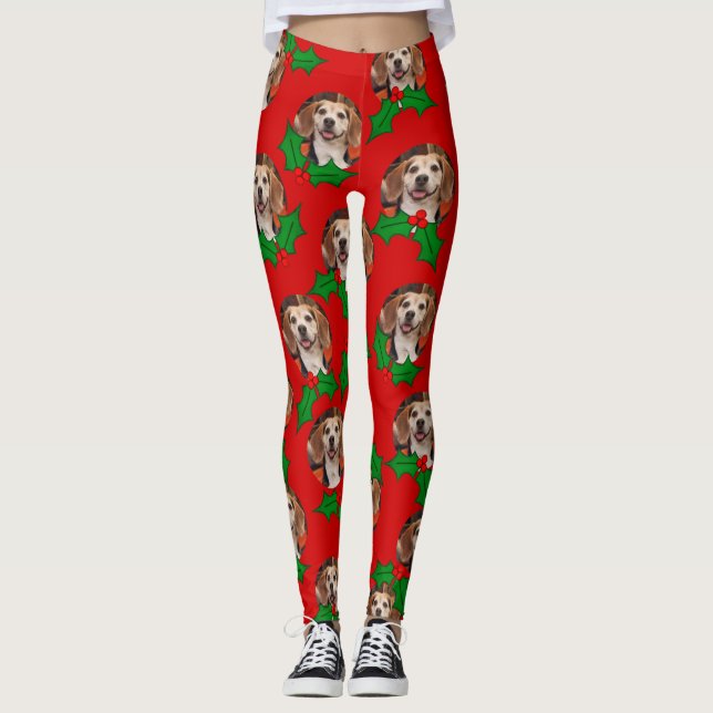 Cute Pet Photo Red Green Holly Christmas Leggings (Front)