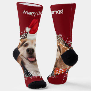 Cute Pet Photo Red Santa Hat Merry Christmas Socks