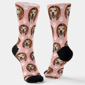 Cute Pet Photo Rose Gold Paw Prints Custom Socks