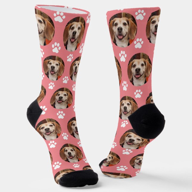  Cute Pet Photo Rose & White Paw Prints Custom  Socks (Angled)