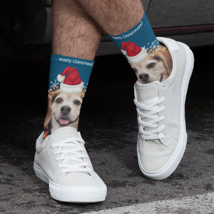 Cute Pet Photo Santa Hat Blue Christmas Socks