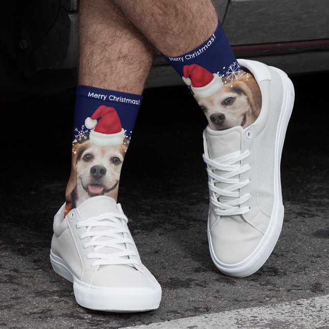 Cute Pet Photo Santa Hat Blue Christmas Socks (Creator Uploaded)