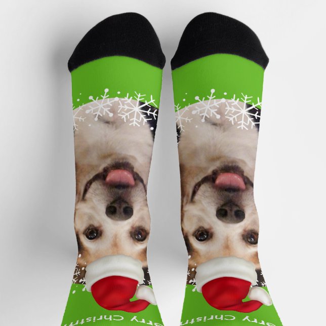 Cute Pet Photo Santa Hat Bright Green Christmas Socks (Top)