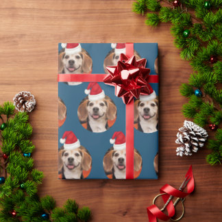 Cute Pet Photo Santa Hats Christmas Blue Wrapping Paper