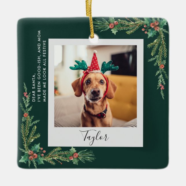 Cute Pet Photo Script Funny Dog Christmas Ceramic Ornament (Front)