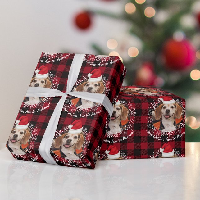Cute Pet Photo w Santa Hat Red Buffalo Plaid Wrapp Wrapping Paper (Creator Uploaded)