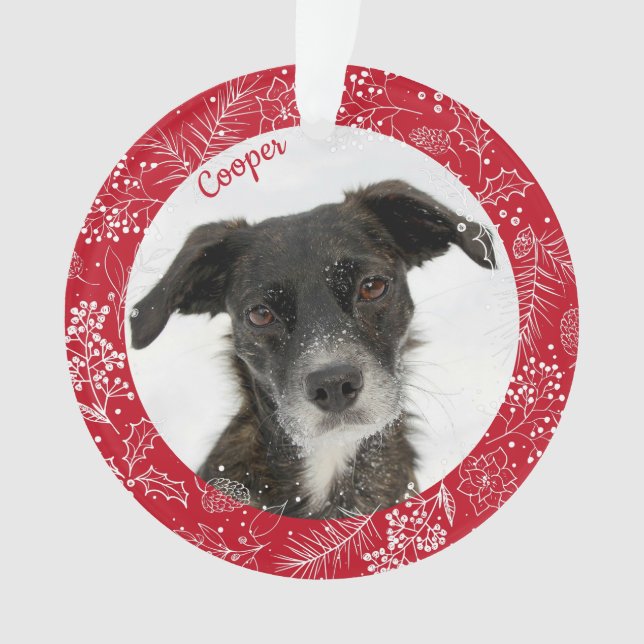 Cute Pet Puppy Dog Holiday Photo Name Ornament (Front)