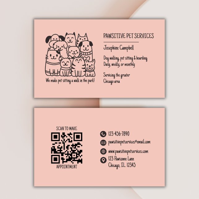 Cute Pet Sitter Peach Cat Dog QR Code Business Card (Creator Uploaded)