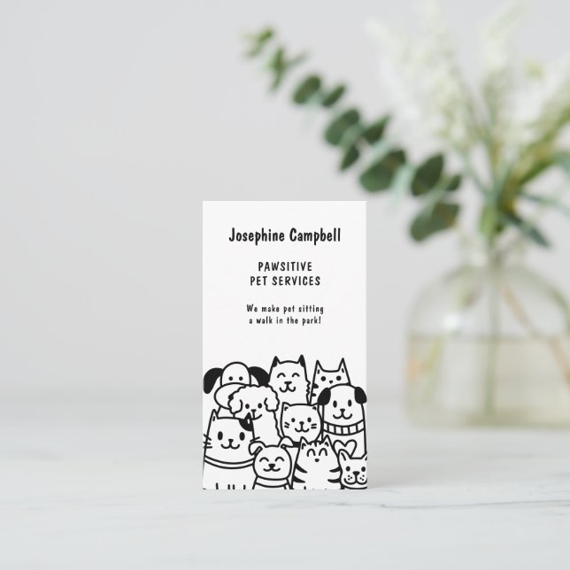 Cute Pet Sitter Veterinarian QR Code Black Business Card (Standing Front)