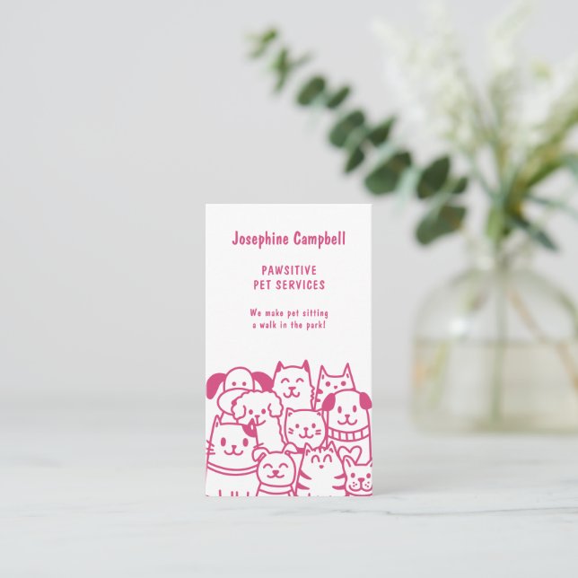 Cute Pet Sitter Veterinarian QR Code Pink Business Card (Standing Front)