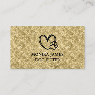 Cute Pet Sitting Heart Dog Paws Logo Gold Glitter Business Card