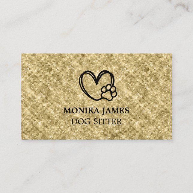 Cute Pet Sitting Heart Dog Paws Logo Gold Glitter Business Card (Front)