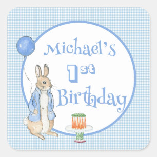 Cute Peter Rabbit Blue One First  Birthday Party Square Sticker