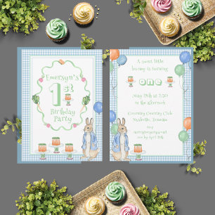 Cute Peter Rabbit Green 1st Birthday Party Invitation