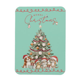 Cute Pets Christmas Magnet on Aqua Background