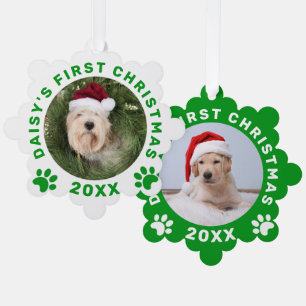 Cute Pet's First Christmas Green White Paw Prints Tree Decoration Card