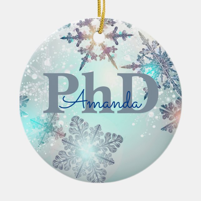 Cute PhD Graduation Personalised Name Blue  Ceramic Tree Decoration (Front)