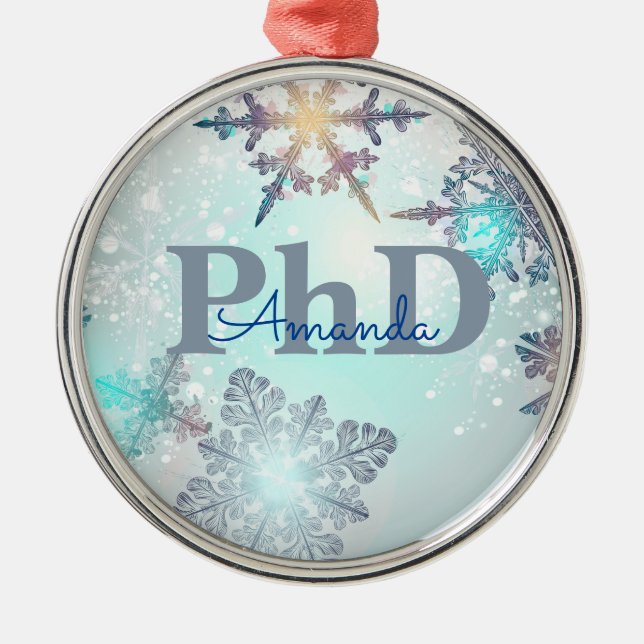 Cute PhD Graduation Personalized Name Blue  Metal Tree Decoration (Front)