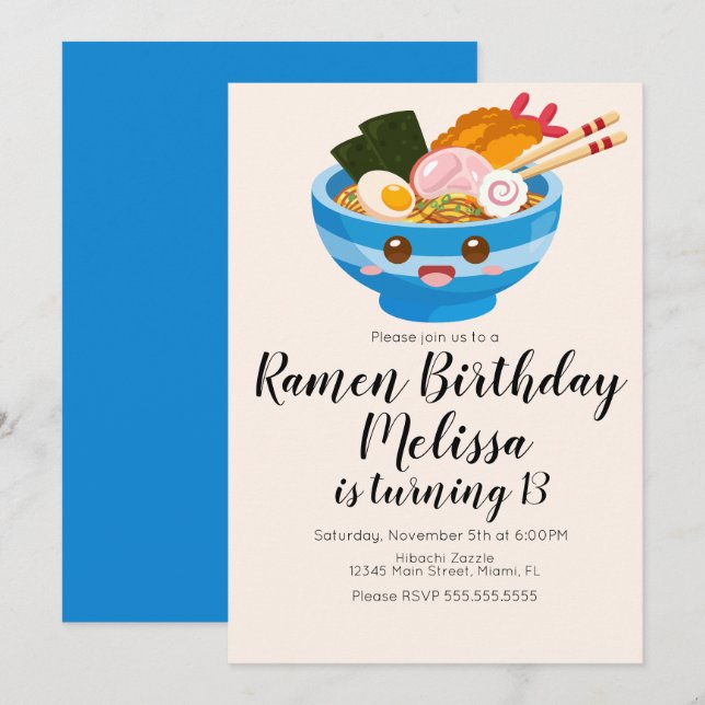 Cute Pho Oriental Ramen Birthday Dinner Blue Invitation (Front/Back)