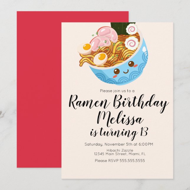 Cute Pho Oriental Ramen Birthday Dinner  Invitation (Front/Back)