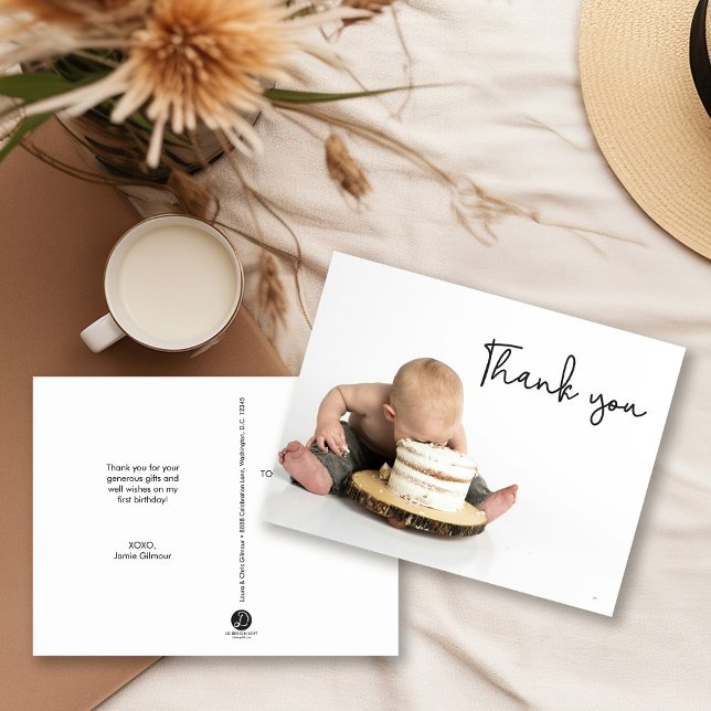 Cute Photo Baby Boy 1st Birthday Thank you  Postcard (smash cake photo baby first birthday thank you postcard)