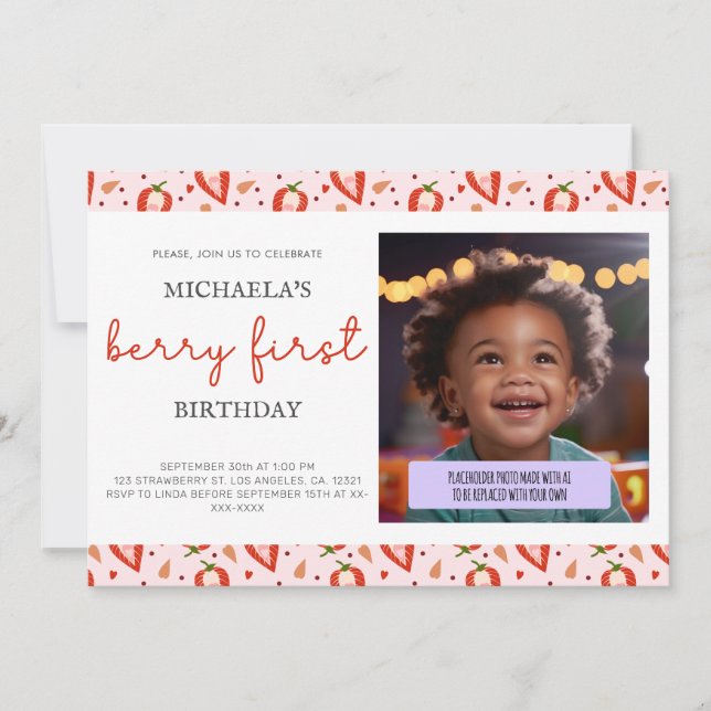 Cute Photo Berry First Birthday Invitation (Front)
