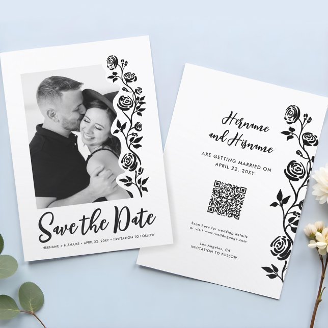 Cute Photo Black White Roses QR Code Website Save The Date (Creator Uploaded)