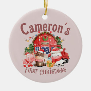 Cute Photo Christmas Farm Animals on Pink Ceramic Tree Decoration