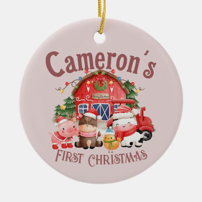 Cute Photo Christmas Farm Animals on Pink Ceramic Tree Decoration (Front)