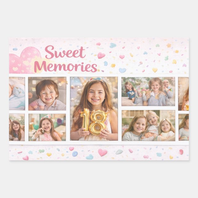 Cute Photo Collage Gift Wrap with Pastel Hearts (Front 3)