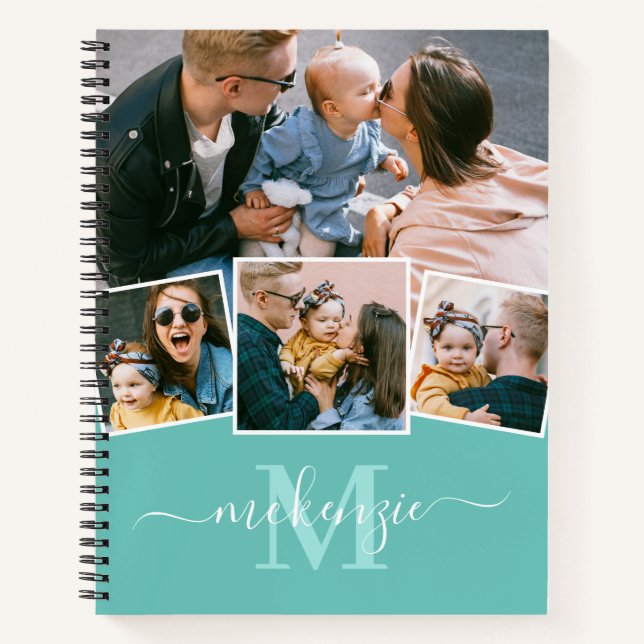 Cute Photo Collage Monogram Teal Notebook (Front)