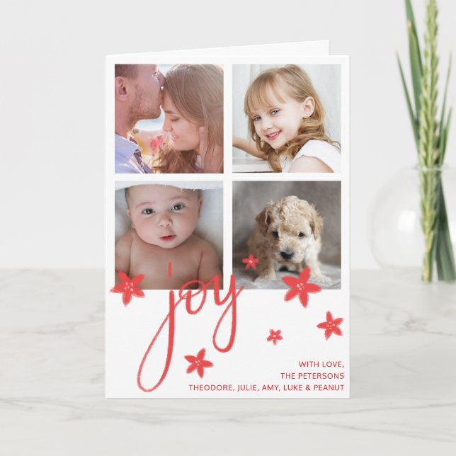 Cute Photo Collage Red Joy Christmas Holiday Card (Front)