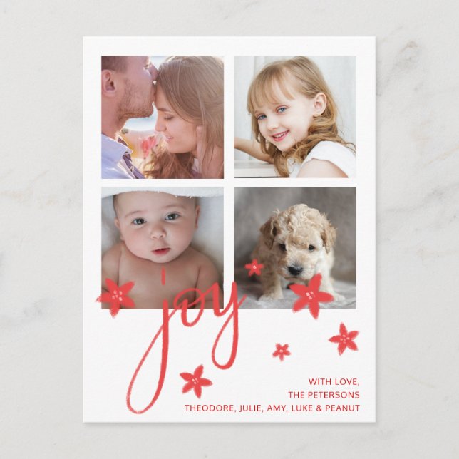 Cute Photo Collage Red Joy Christmas Holiday Postcard (Front)