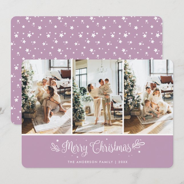Cute Photo Collage Stars Lilac Merry Christmas Holiday Card (Front/Back)