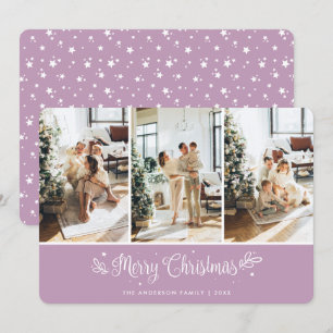 Cute Photo Collage Stars Lilac Merry Christmas Holiday Card