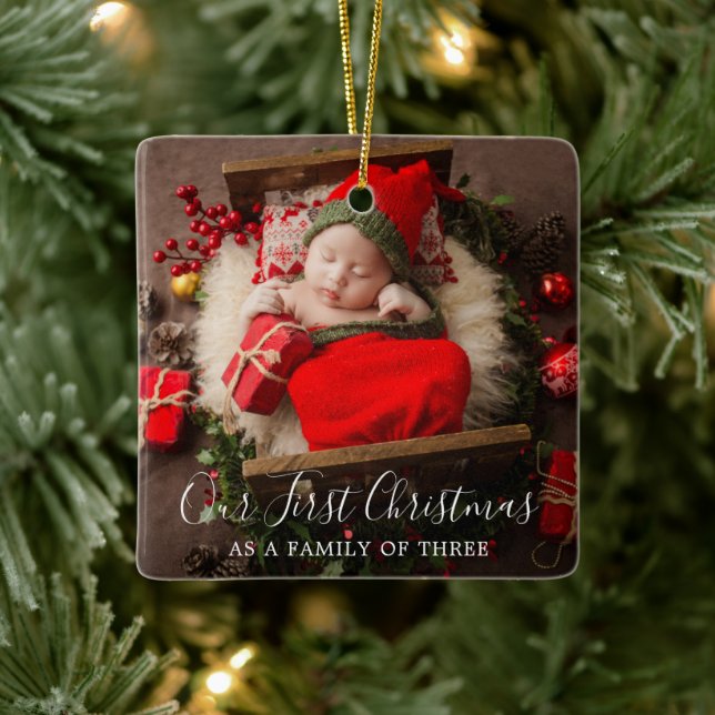 Cute Photo Elegant New Baby First Christmas Ceramic Ornament (Tree)