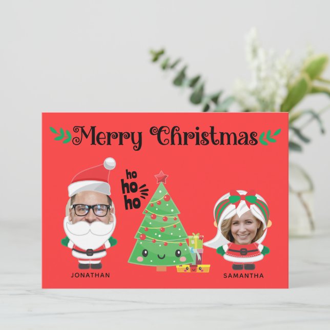 Cute Photo Funny Santa Family Merry Christmas Holiday Card (Standing Front)