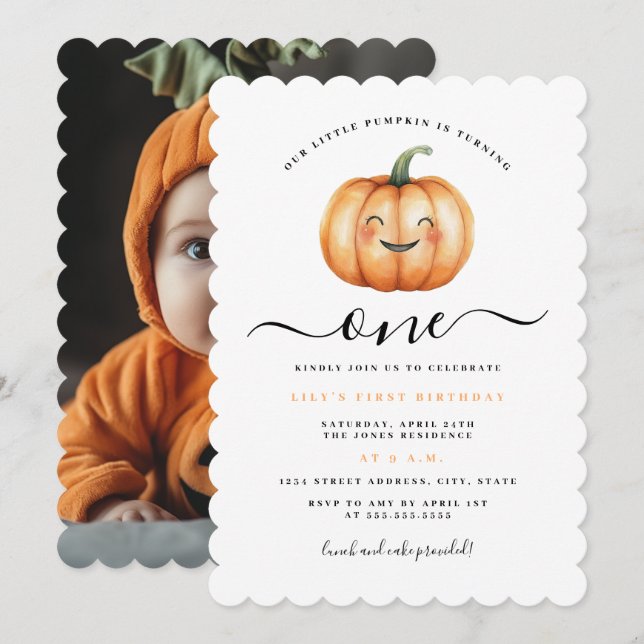 Cute Photo Little Pumpkin First Birthday Party  Invitation (Front/Back)