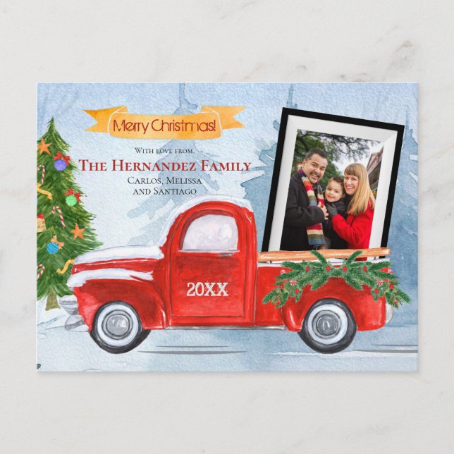 Cute Photo Merry Christmas Rustic Red Truck  Holiday Postcard (Front)