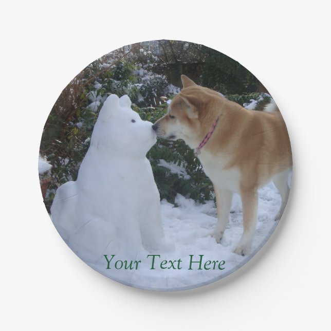 cute photo of dog kissing snowman at christmas paper plate (Front)