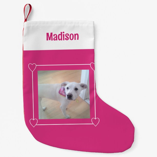 Cute Photo of Sweet Puppy Dog Pink and White Small Christmas Stocking (Front)
