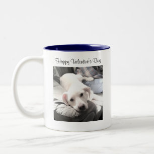 Cute Photo of White Dog Sitting With Dad Blue Two-Tone Coffee Mug