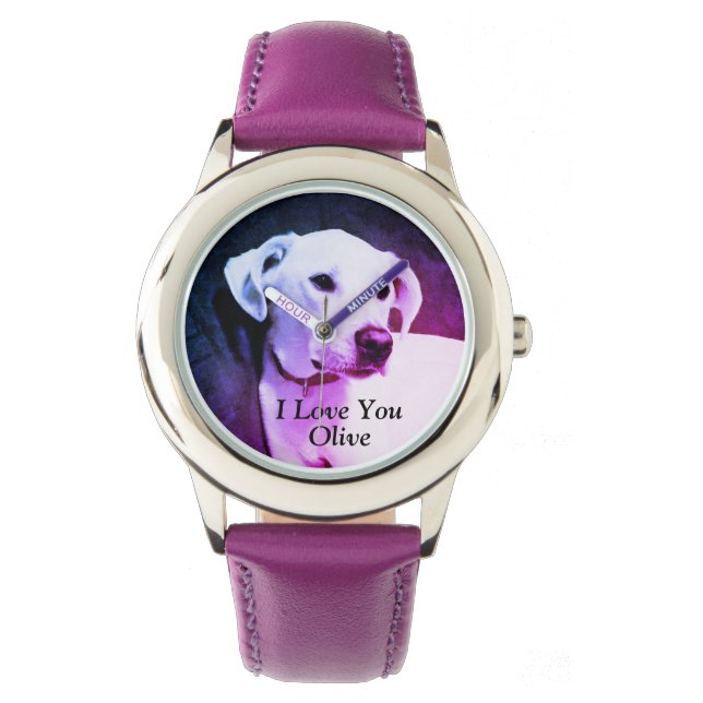Cute Photo of White Puppy Dog Purple I Love You Watch (Front)