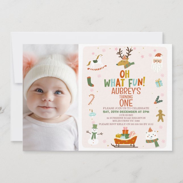 Cute Photo Oh What Fun Christmas 1st Birthday Invitation (Front)