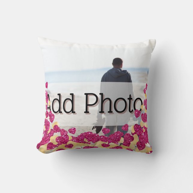 Cute Photo Pink and Gold Glitter Heart Modern love Cushion (Front)