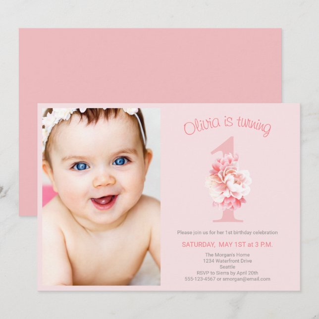 Cute Photo Pink Floral Girl's First Birthday Party Invitation (Front/Back)