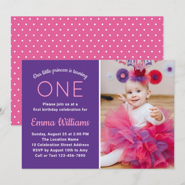 Cute Photo Pink Purple Princess Girl 1st Birthday Invitation (Front/Back)
