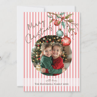Cute Photo Pink Stripes Watercolor Merry Christmas Holiday Card